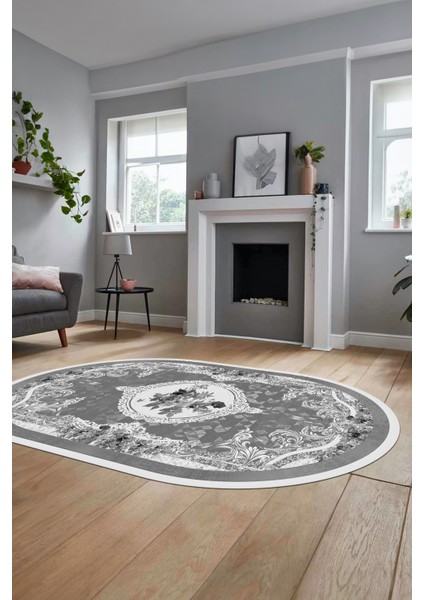 Çiçekli Klasik Dijital Kaymaz Taban Yıkanabilir Oval Yolluk Salon Halısı, O-Klasik-16-Gri,