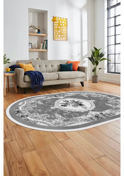 Çiçekli Klasik Dijital Kaymaz Taban Yıkanabilir Oval Yolluk Salon Halısı, O-Klasik-16-Gri, modelleri