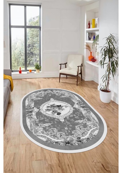 Çiçekli Klasik Dijital Kaymaz Taban Yıkanabilir Oval Yolluk Salon Halısı, O-Klasik-16-Gri, fırsatları