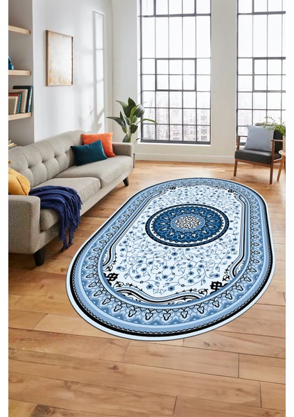 Göbekli Klasik Dijital Kaymaz Taban Yıkanabilir Oval Yolluk Salon Halısı, O-Klasik-18-Mavi,