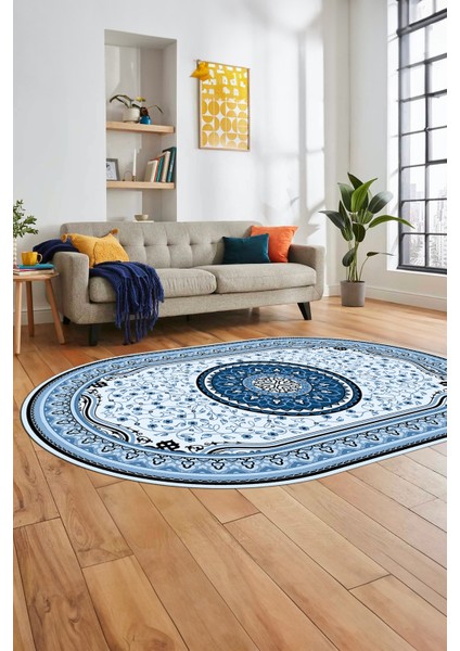 Göbekli Klasik Dijital Kaymaz Taban Yıkanabilir Oval Yolluk Salon Halısı, O-Klasik-18-Mavi, fiyatları