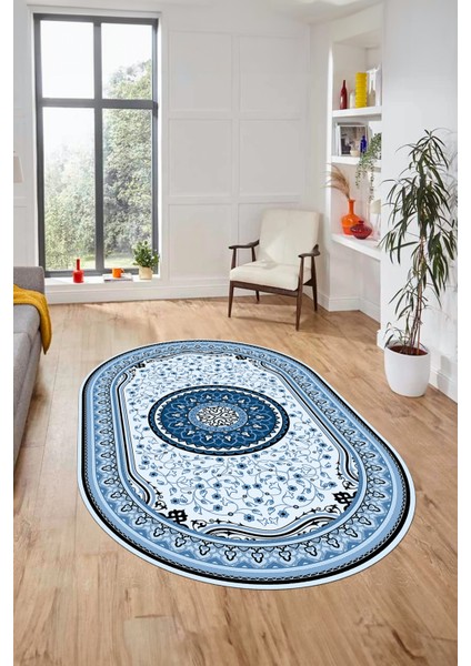 Göbekli Klasik Dijital Kaymaz Taban Yıkanabilir Oval Yolluk Salon Halısı, O-Klasik-18-Mavi, modelleri