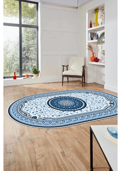 Göbekli Klasik Dijital Kaymaz Taban Yıkanabilir Oval Yolluk Salon Halısı, O-Klasik-18-Mavi, fırsatları