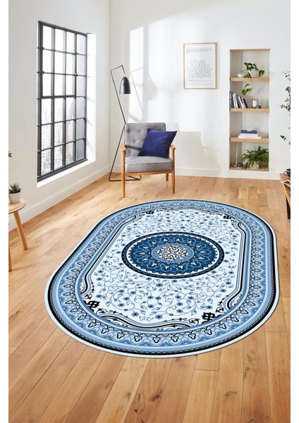 Göbekli Klasik Dijital Kaymaz Taban Yıkanabilir Oval Yolluk Salon Halısı, O-Klasik-18-Mavi, indirimleri