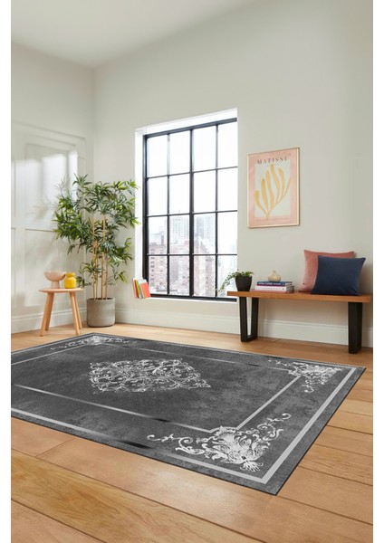 Dijital Kaymaz Yıkanabilir Çerçeveli Klasik Desen Yolluk Mutfak Salon Halısı, Klasik-05-Antrasit,