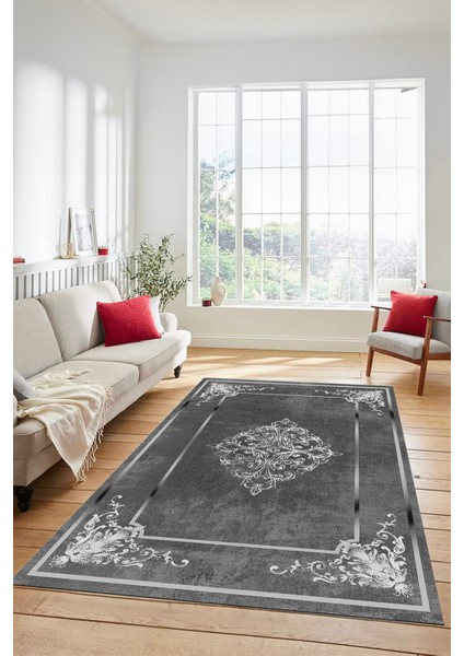 Dijital Kaymaz Yıkanabilir Çerçeveli Klasik Desen Yolluk Mutfak Salon Halısı, Klasik-05-Antrasit, fiyatları