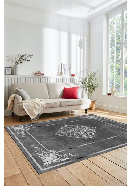 Dijital Kaymaz Yıkanabilir Çerçeveli Klasik Desen Yolluk Mutfak Salon Halısı, Klasik-05-Antrasit, modelleri