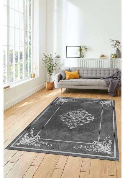 Dijital Kaymaz Yıkanabilir Çerçeveli Klasik Desen Yolluk Mutfak Salon Halısı, Klasik-05-Antrasit, fırsatları
