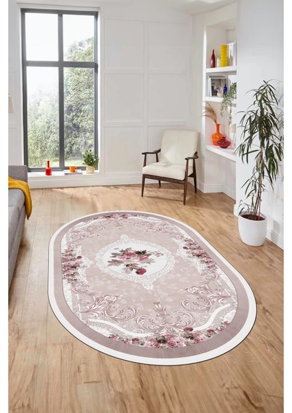 Çiçekli Klasik Dijital Kaymaz Taban Yıkanabilir Oval Yolluk Salon Halısı, O-Klasik-16-Pembe,