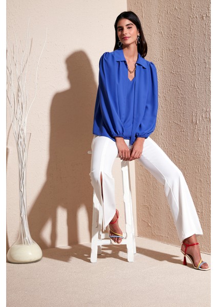 Regular Fit V Yaka Balon Kol Bluz Bayan Bluz 611BZ0353