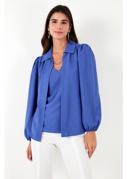 Regular Fit V Yaka Balon Kol Bluz Bayan Bluz 611BZ0353 modelleri