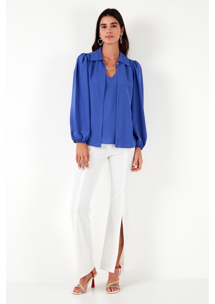 Regular Fit V Yaka Balon Kol Bluz Bayan Bluz 611BZ0353 fırsatları