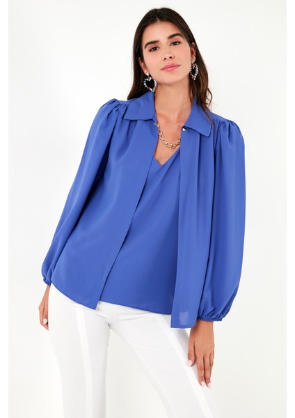 Regular Fit V Yaka Balon Kol Bluz Bayan Bluz 611BZ0353 indirimleri