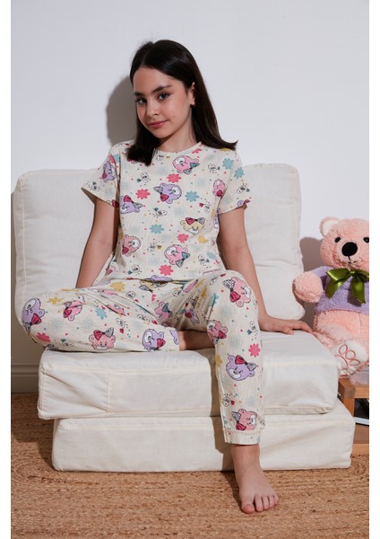 % 100 Pamuk Bisiklet Yaka Kısa Kollu Pijama Takımı Kız Çocuk Pijama Takımı 6651004