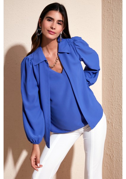 Regular Fit V Yaka Balon Kol Bluz Bayan Bluz 611BZ0353