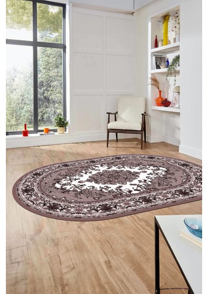 Klasik Desenli Dijital Kaymaz Yıkanabilir Oval Yolluk Mutfak Salon Halısı, O-Klasik-23-Bordo,
