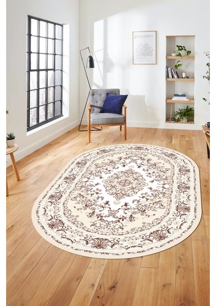Klasik Desenli Dijital Kaymaz Yıkanabilir Oval Yolluk Mutfak Salon Halısı, O-Klasik-23-Krem, fırsatları