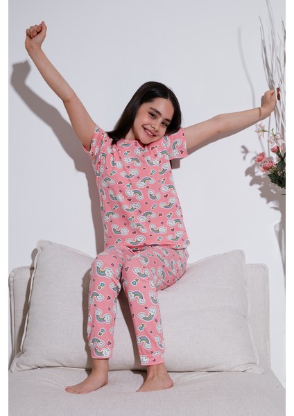 % 100 Pamuk Bisiklet Yaka Kısa Kollu Pijama Takımı Kız Çocuk Pijama Takımı 6651004