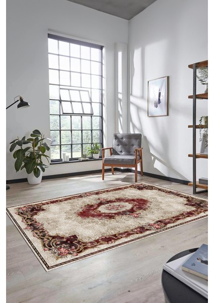 Çiçekli Klasik Motifli Dijital Kaymaz Yıkanabilir Yolluk Mutfak Salon Halısı, Klasik-29-Bordo,