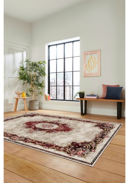 Çiçekli Klasik Motifli Dijital Kaymaz Yıkanabilir Yolluk Mutfak Salon Halısı, Klasik-29-Bordo, modelleri