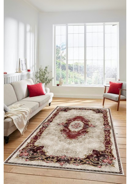 Çiçekli Klasik Motifli Dijital Kaymaz Yıkanabilir Yolluk Mutfak Salon Halısı, Klasik-29-Bordo, fırsatları