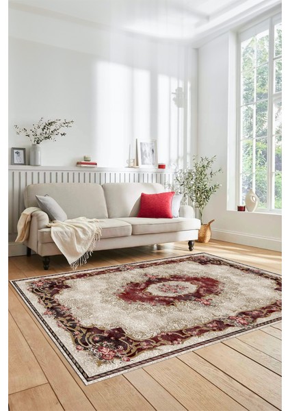 Çiçekli Klasik Motifli Dijital Kaymaz Yıkanabilir Yolluk Mutfak Salon Halısı, Klasik-29-Bordo, indirimleri