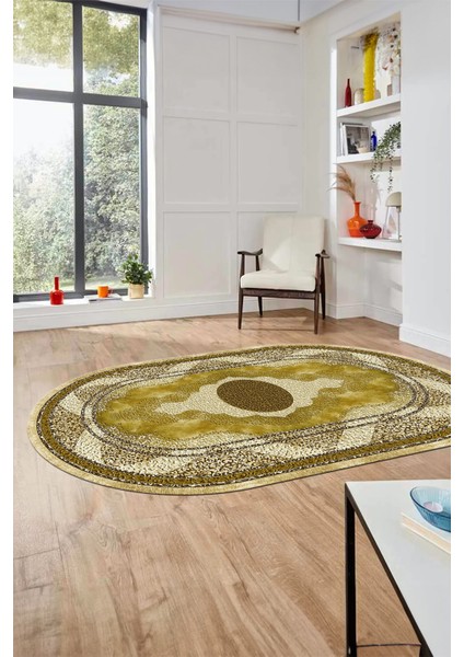 Göbekli Klasik Desen Dijital Kaymaz Yıkanabilir Oval Yolluk Mutfak Salon Halısı, O-Klasik-24-Sarı,