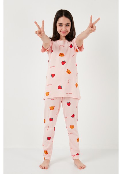 % 100 Pamuk Bisiklet Yaka Kısa Kollu Pijama Takımı Kız Çocuk Pijama Takımı 6651002