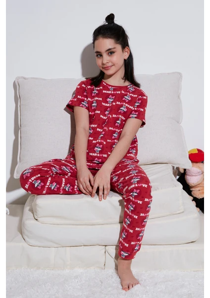 % 100 Pamuk Bisiklet Yaka Kısa Kollu Pijama Takımı Kız Çocuk Pijama Takımı 6651004