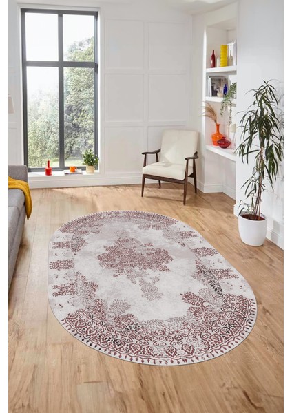 Sade Klasik Desenli Dijital Kaymaz Yıkanabilir Oval Yolluk Salon Halısı, O-Klasik-22-Pembe, fiyatları