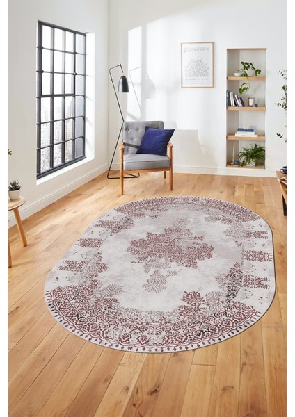 Sade Klasik Desenli Dijital Kaymaz Yıkanabilir Oval Yolluk Salon Halısı, O-Klasik-22-Pembe, fırsatları