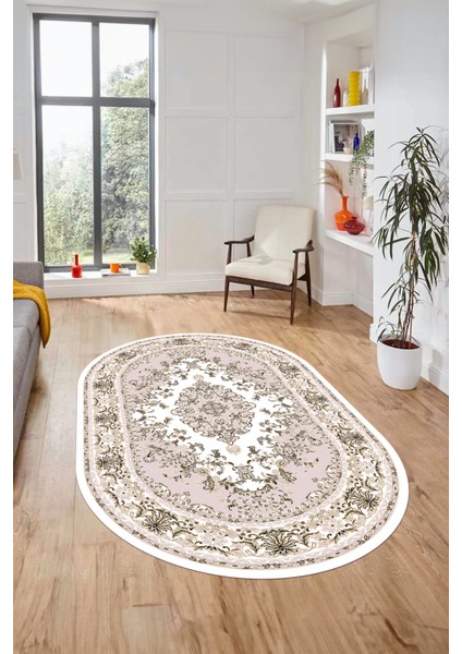 Klasik Desenli Dijital Kaymaz Yıkanabilir Oval Yolluk Mutfak Salon Halısı, O-Klasik-23-Pembe, fiyatları