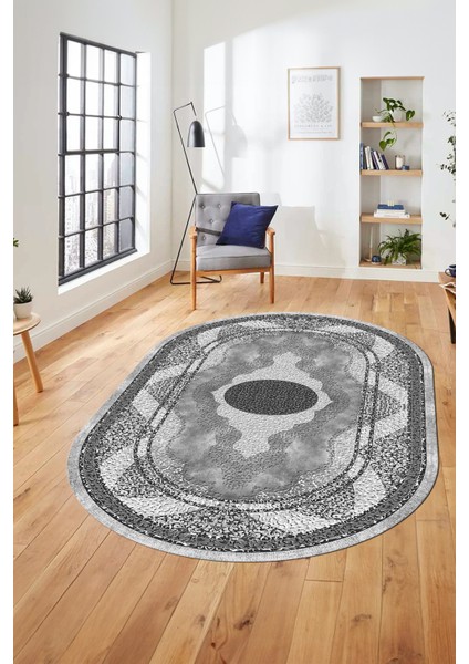 Göbekli Klasik Desen Dijital Kaymaz Yıkanabilir Oval Yolluk Mutfak Salon Halısı, O-Klasik-24-Gri, fırsatları