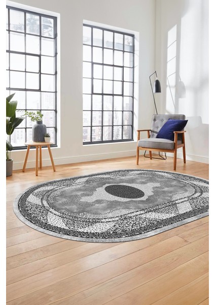 Göbekli Klasik Desen Dijital Kaymaz Yıkanabilir Oval Yolluk Mutfak Salon Halısı, O-Klasik-24-Gri, indirimleri