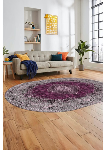 Baskılı Kaymaz Yıkanabilir Göbekli Klasik Desen Oval Yolluk Salon Halısı, O-Klasik-07-Mor,