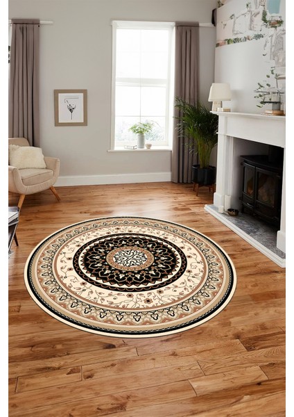 Göbekli Klasik Dijital Kaymaz Taban Yıkanabilir Yuvarlak Mutfak Salon Halısı, Y-Klasik-18-Siyah, indirimleri