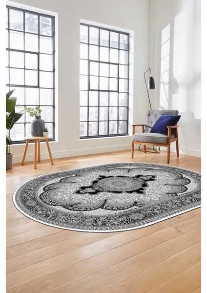 Baskılı Kaymaz Yıkanabilir Çerçeveli Göbekli Klasik Desen Salon Halısı, O-Klasik-02-Gri, fiyatları