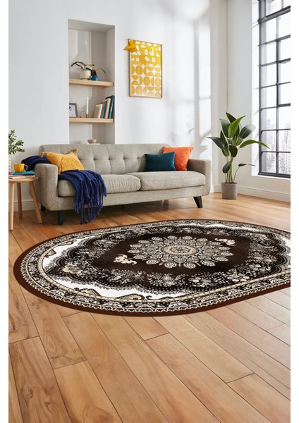Klasik Desen Dijital Kaymaz Taban Yıkanabilir Oval Yolluk Mutfak Salon Halısı, O-Klasik-13-Kahve, modelleri