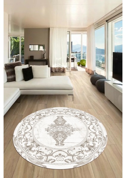 Göbekli Klasik Motifli Dijital Kaymaz Yıkanabilir Yuvarlak Mutfak Salon Halısı, Y-Klasik-28-Krem, fırsatları