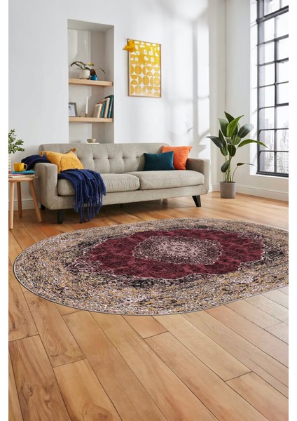 Baskılı Kaymaz Yıkanabilir Göbekli Klasik Desen Oval Yolluk Salon Halısı, O-Klasik-07-Bordo, indirimleri