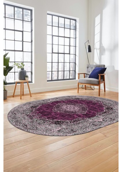 Baskılı Kaymaz Yıkanabilir Göbekli Klasik Desen Oval Yolluk Salon Halısı, O-Klasik-07-Mor,