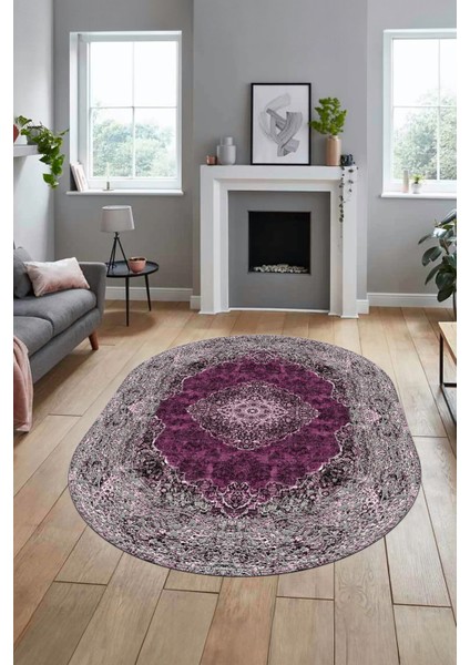 Baskılı Kaymaz Yıkanabilir Göbekli Klasik Desen Oval Yolluk Salon Halısı, O-Klasik-07-Mor,