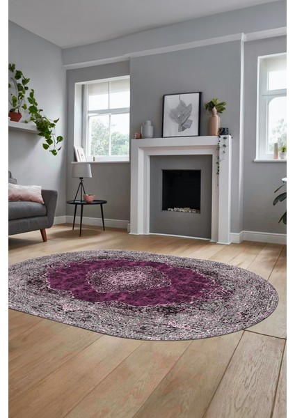Baskılı Kaymaz Yıkanabilir Göbekli Klasik Desen Oval Yolluk Salon Halısı, O-Klasik-07-Mor,