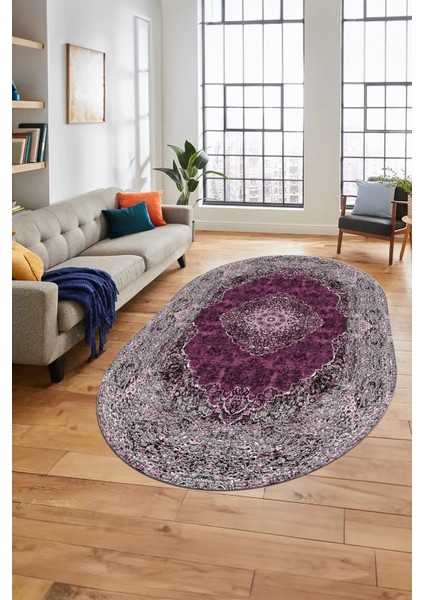 Baskılı Kaymaz Yıkanabilir Göbekli Klasik Desen Oval Yolluk Salon Halısı, O-Klasik-07-Mor,