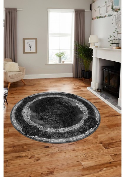 Baskılı Kaymaz Yıkanabilir Çerçeveli Klasik Desen Yuvarlak Mutfak Salon Halısı, Y-Klasik-01-Antrast,