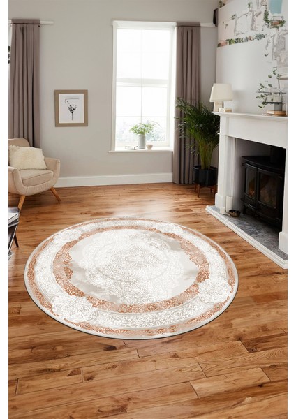 Baskılı Kaymaz Yıkanabilir Çerçeveli Klasik Desen Yuvarlak Mutfak Salon Halısı, Y-Klasik-01-Kahve,