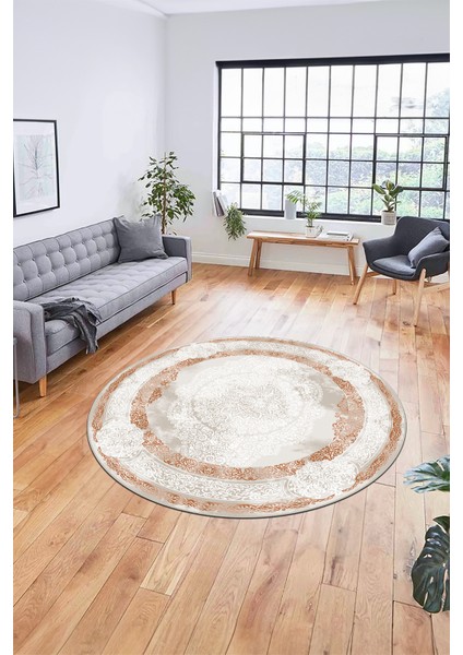 Baskılı Kaymaz Yıkanabilir Çerçeveli Klasik Desen Yuvarlak Mutfak Salon Halısı, Y-Klasik-01-Kahve, indirimleri