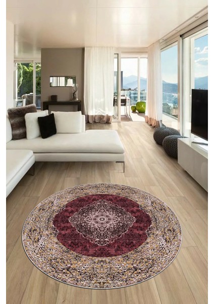 Baskılı Kaymaz Yıkanabilir Göbekli Klasik Desen Yuvarlak Salon Halısı, Y-Klasik-07-Bordo,