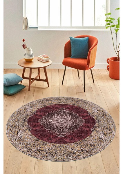 Baskılı Kaymaz Yıkanabilir Göbekli Klasik Desen Yuvarlak Salon Halısı, Y-Klasik-07-Bordo,