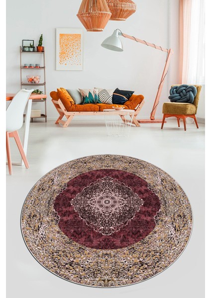 Baskılı Kaymaz Yıkanabilir Göbekli Klasik Desen Yuvarlak Salon Halısı, Y-Klasik-07-Bordo,